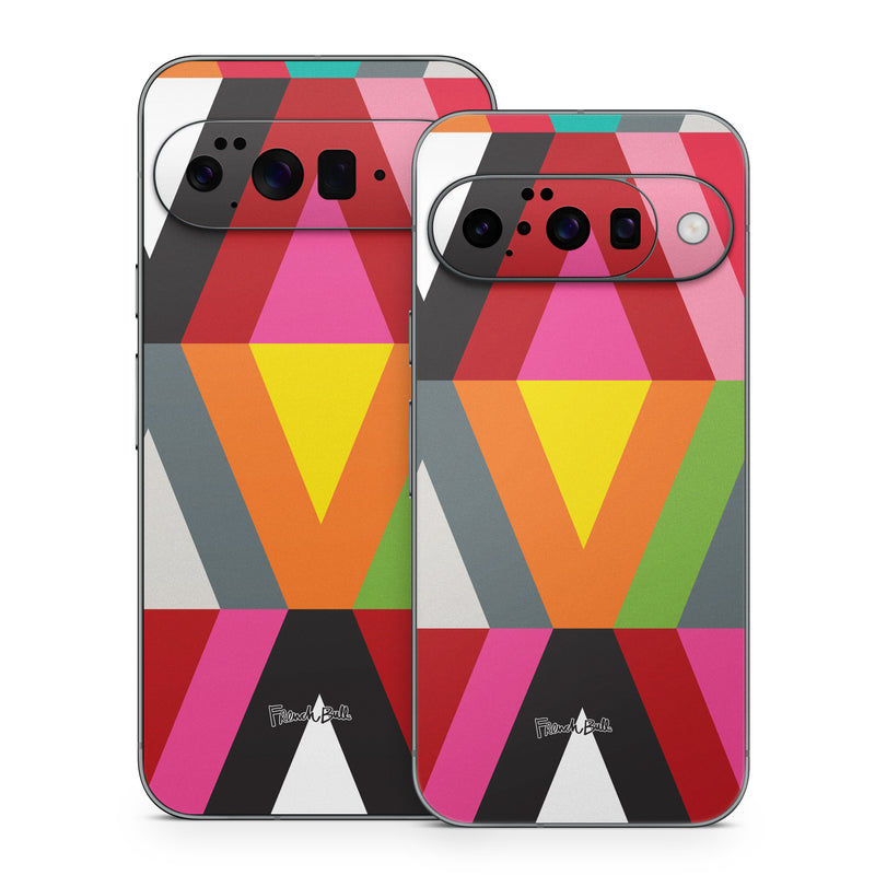 Google Pixel 10 Series Skin design of Pattern, Orange, Yellow, Graphic design, Colorfulness, Line, Design, Symmetry, Triangle, Font, with black, white, red, orange, pink, blue, green, gray colors