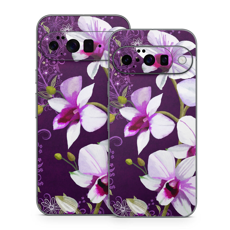 Google Pixel 10 Series Skin design of Flower, Purple, Petal, Violet, Lilac, Plant, Flowering plant, cooktown orchid, Botany, Wildflower, with black, gray, white, purple, pink colors