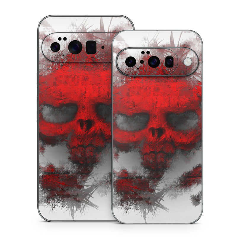 Google Pixel 10 Series Skin design of Red, Graphic design, Skull, Illustration, Bone, Graphics, Art, Fictional character, with red, gray, black, white colors