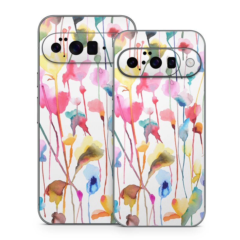 Google Pixel 10 Series Skin design of Plant, Petal, Art, Font, Pattern, Automotive wheel system, Event, Visual arts, Party supply, Pole, with white, red, pink, yellow, orange, green, blue, purple colors