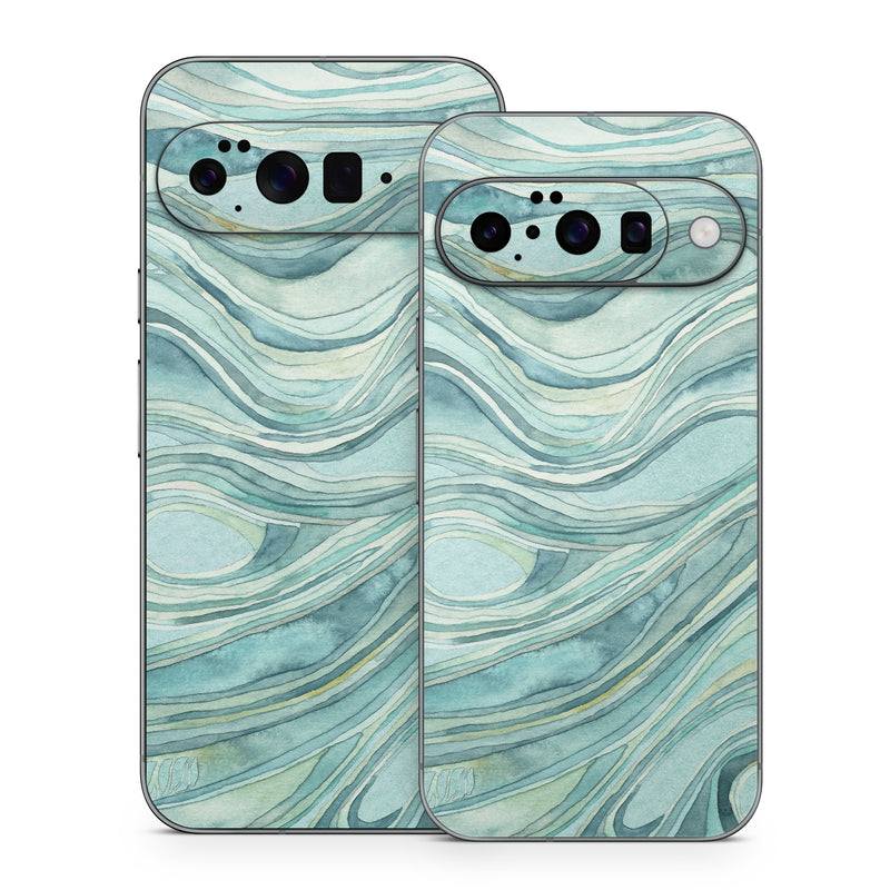 Google Pixel 10 Series Skin design of Aqua, Blue, Pattern, Turquoise, Teal, Water, Design, Line, Wave, Textile, with gray, blue colors