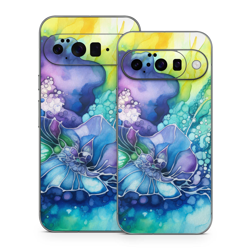 Google Pixel 10 Series Skin design of Flower, Plant, Art paint, Petal, Blue, Azure, Purple, Art, Paint, Painting, with blue, yellow, green, purple, white, orange colors
