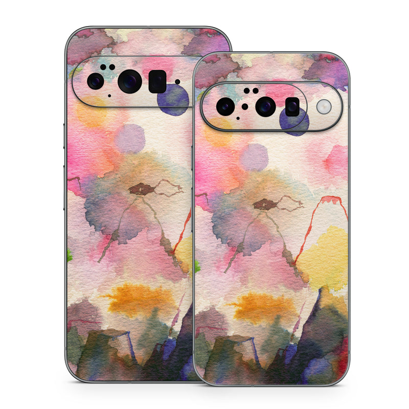 Google Pixel 10 Series Skin design of Watercolor paint, Flower, Textile, Painting, Art, Plant, Pattern, Visual arts, Floral design, Paint, with white, pink, red, yellow, green, blue, black, orange colors