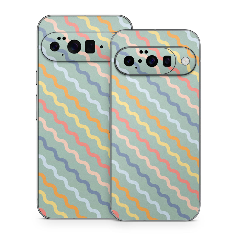 Google Pixel 10 Series Skin design of Azure, Blue, Orange, Textile, Wood, Art, Font, Line, Aqua, Symmetry, with blue, orange, yellow, pink colors