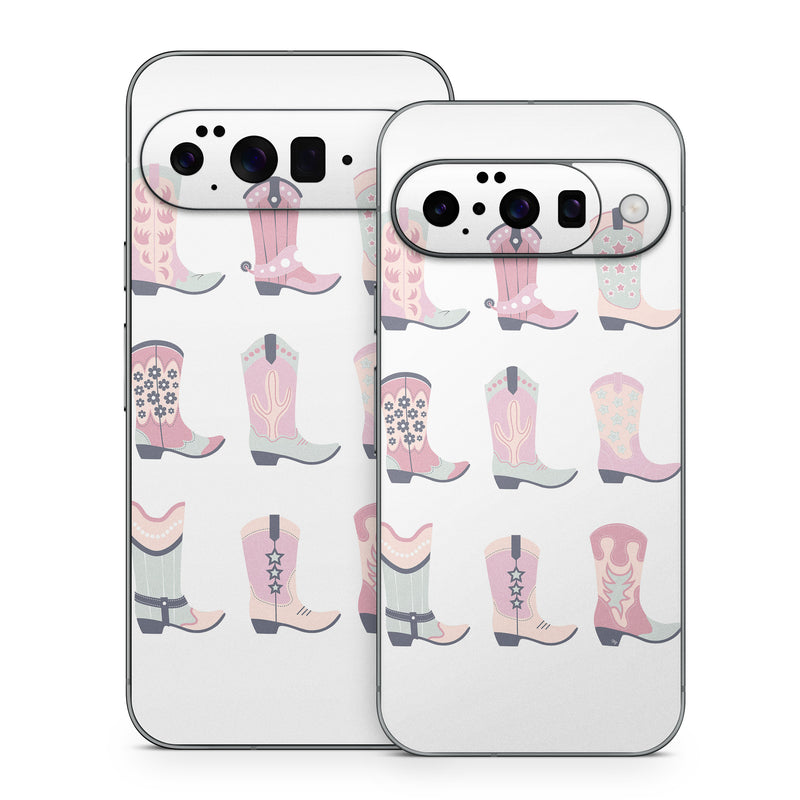 Google Pixel 10 Series Skin design of Footwear, Shoe, White, Durango boot, Product, Fashion, Textile, Pink, Font, Red, with pink, white, blue, brown colors