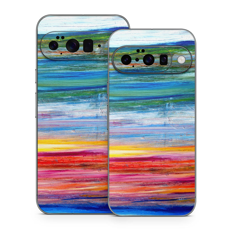 Google Pixel 10 Series Skin design of Sky, Painting, Acrylic paint, Modern art, Watercolor paint, Art, Horizon, Paint, Visual arts, Wave, with gray, blue, red, black, pink colors