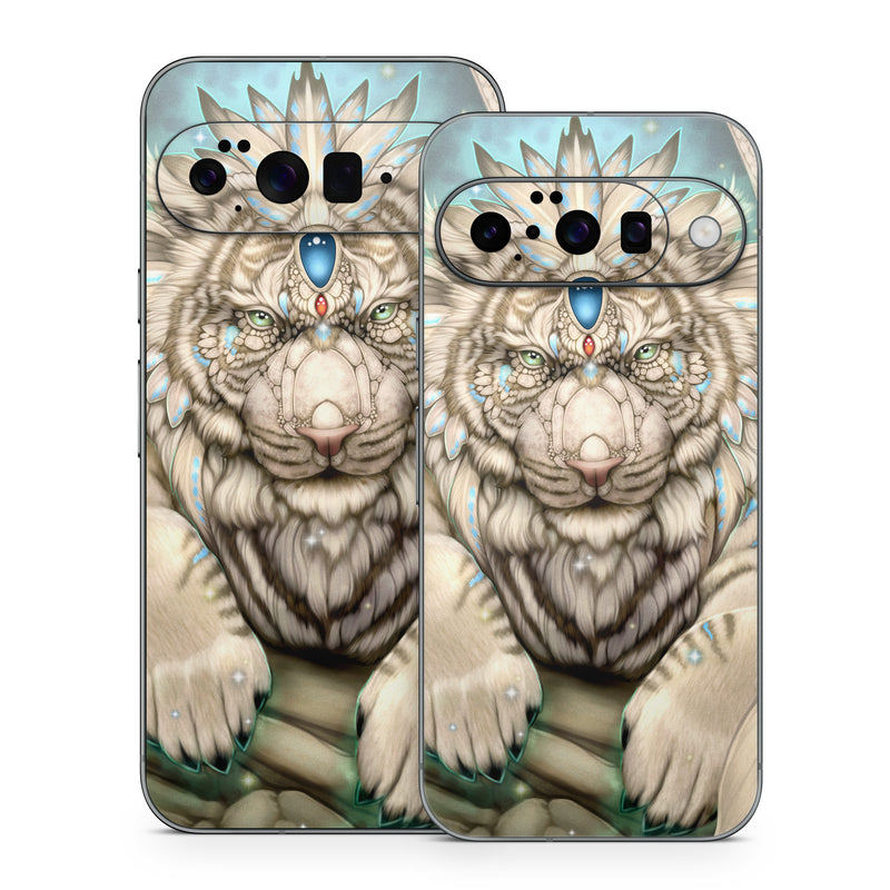 Google Pixel 10 Series Skin design of Mythical creature, Sleeve, Textile, Gesture, Felidae, Tattoo, Big cats, Font, Temporary tattoo, Painting, with white, blue, black, gray colors