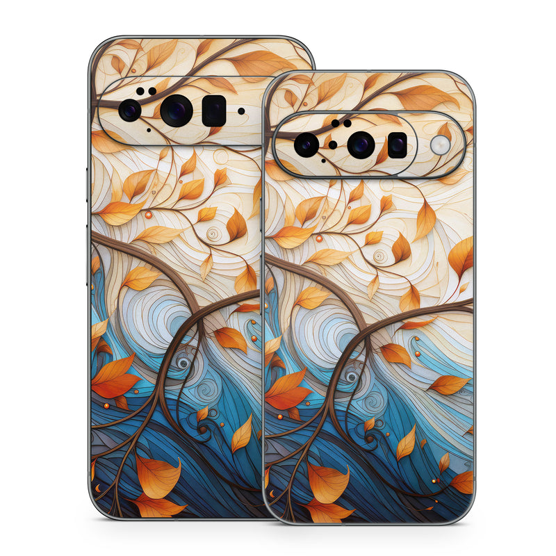 Google Pixel 10 Series Skin design of Dishware, Orange, Textile, Sleeve, Serveware, Petal, Pattern, Porcelain, Electric blue, Art, with yellow, orange, red, white, blue, brown colors