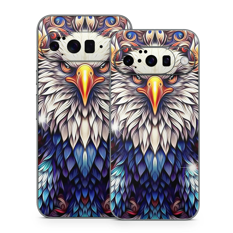 Google Pixel 10 Series Skin design of Accipitridae, Bird of prey, Eagle, Wing, Beak, Accipitriformes, Bird, Falconiformes, Bald eagle, Sea eagle, with red, blue, white, yellow, orange, brown, gray colors