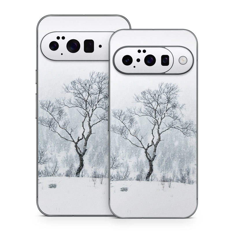 Google Pixel 10 Series Skin design of Snow, Winter, Tree, Nature, White, Sky, Atmospheric phenomenon, Natural landscape, Freezing, Blizzard, with white, gray, black colors