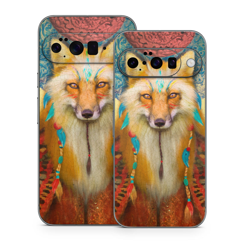 Google Pixel 10 Series Skin design of Red fox, Canidae, Fox, Wildlife, Swift fox, Carnivore, Jackal, Fur, Snout, Art, with red, black, gray, green, blue colors