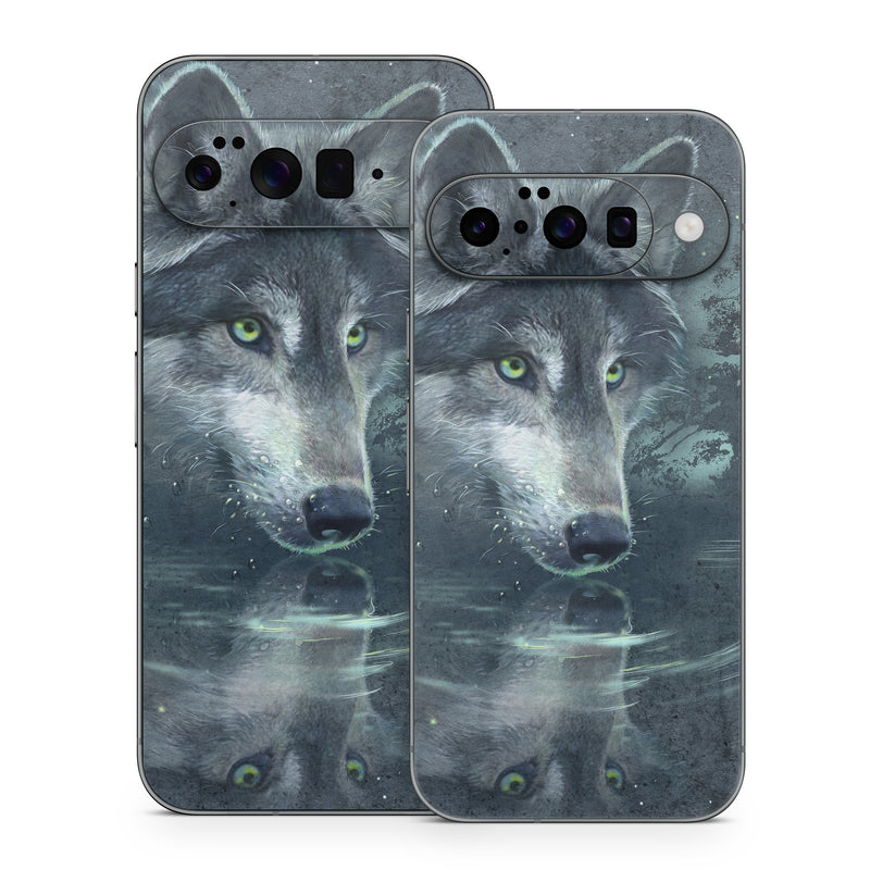 Google Pixel 10 Series Skin design of Wolf, Canidae, Wildlife, Red wolf, Canis, canis lupus tundrarum, Snout, Saarloos wolfdog, Wolfdog, Carnivore, with black, gray, blue colors