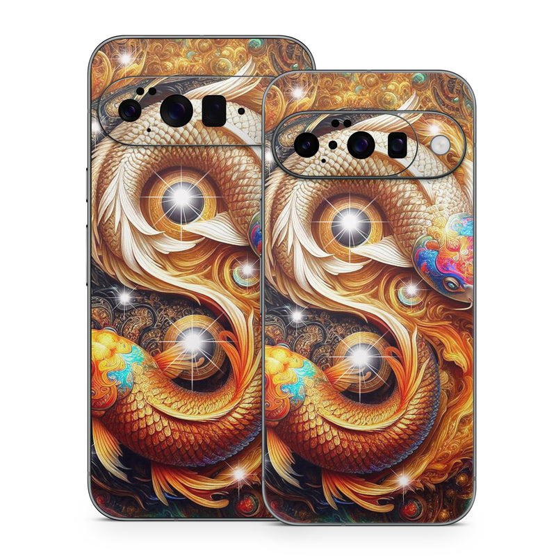 Google Pixel 10 Series Skin design of Fractal art, Graphic design, Design, Fictional character, Graphics, Mythical creature, Modern art, Scaled reptiles, Mythology, Serpent, with red, orange, yellow, brown, blue, green, white, black colors