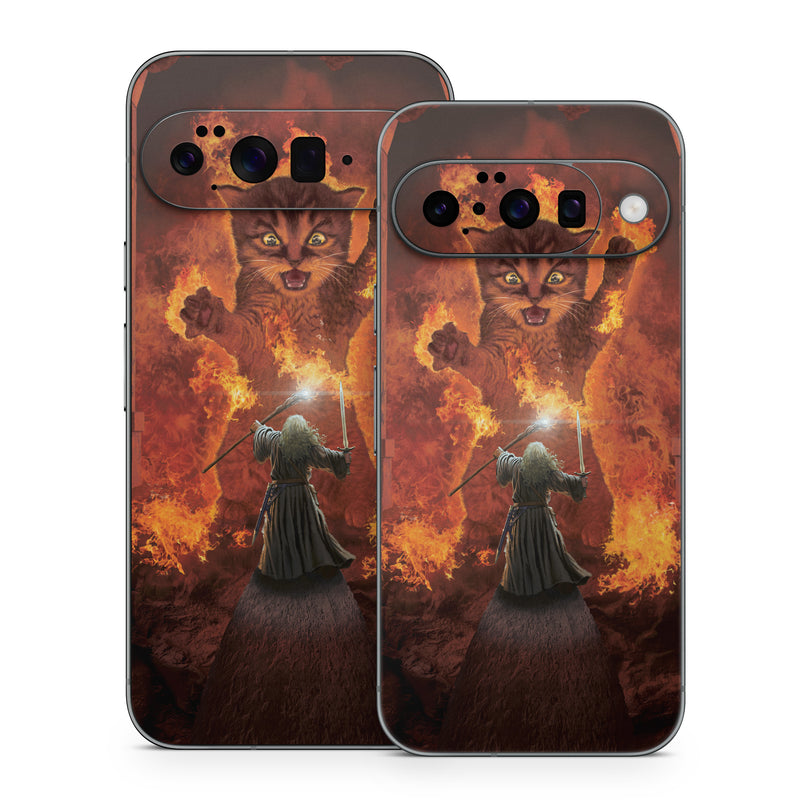 Google Pixel 10 Series Skin design of Cartoon, Art, Carnivore, Cg artwork, Felidae, Supernatural creature, Big cats, Heat, Fictional character, Darkness, with black, red, white, gray, yellow colors