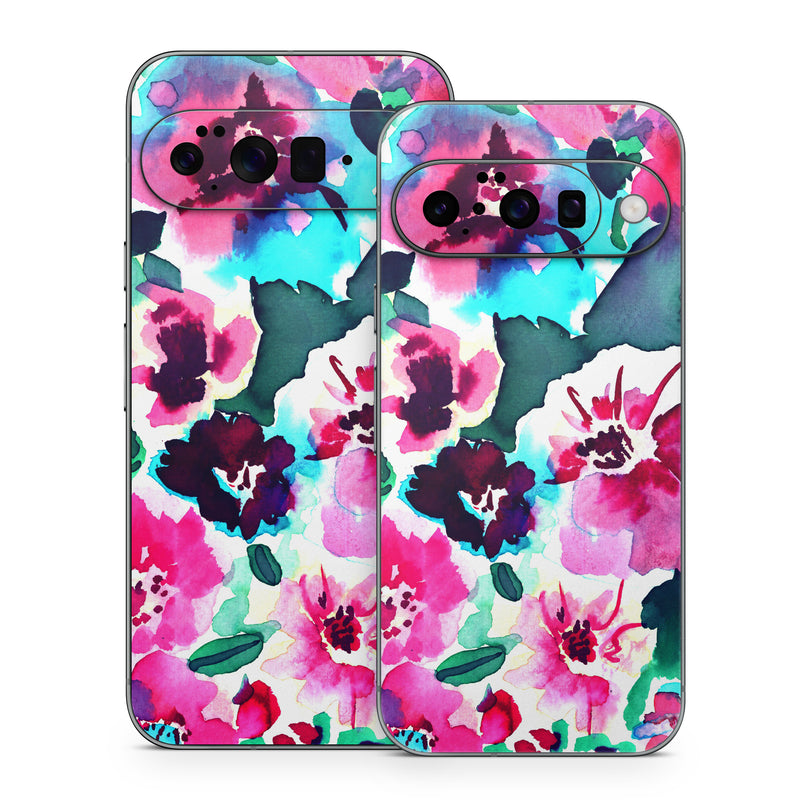 Google Pixel 10 Series Skin design of Flower, Pink, Petal, Plant, Pattern, Hawaiian hibiscus, Design, Magenta, Flowering plant, Watercolor paint, with white, pink, blue, green, red colors