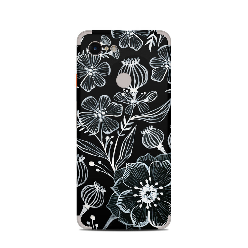 Google Pixel 3 Skin design of Pattern, Black-and-white, Flower, Monochrome photography, Plant, Design, Monochrome, Botany, Wildflower, Visual arts with black, white colors