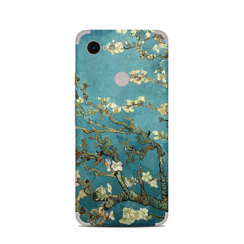Google Pixel 3 Skin design of Tree, Branch, Plant, Flower, Blossom, Spring, Woody plant, Perennial plant, with blue, black, gray, green colors