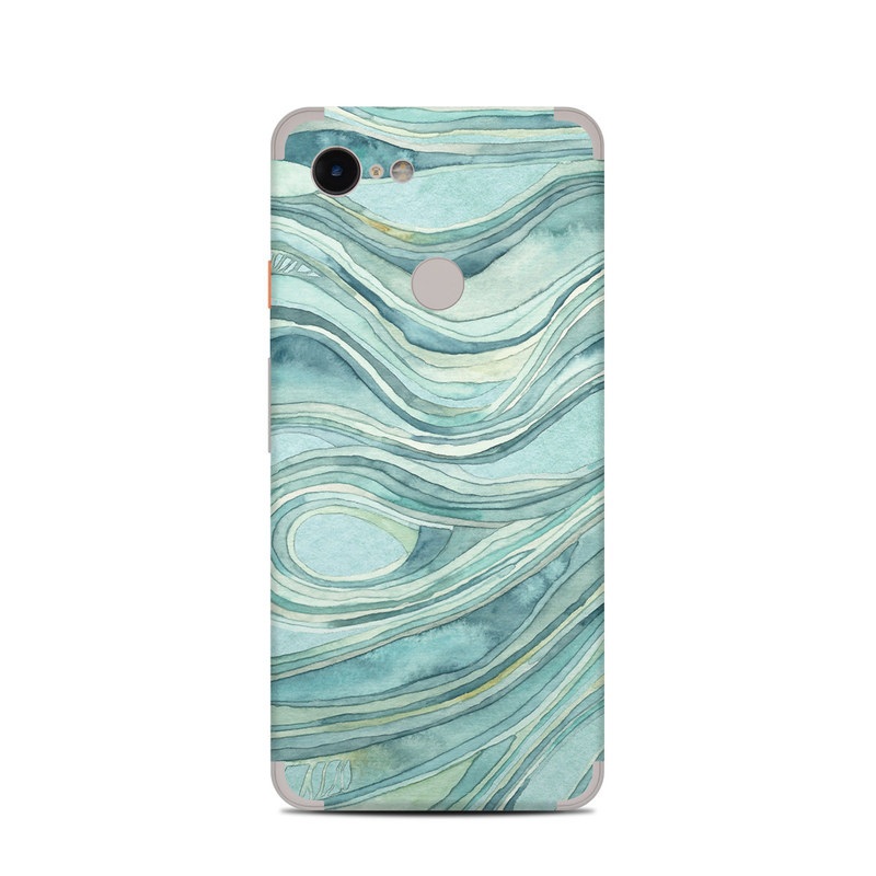 Google Pixel 3 Skin design of Aqua, Blue, Pattern, Turquoise, Teal, Water, Design, Line, Wave, Textile, with gray, blue colors