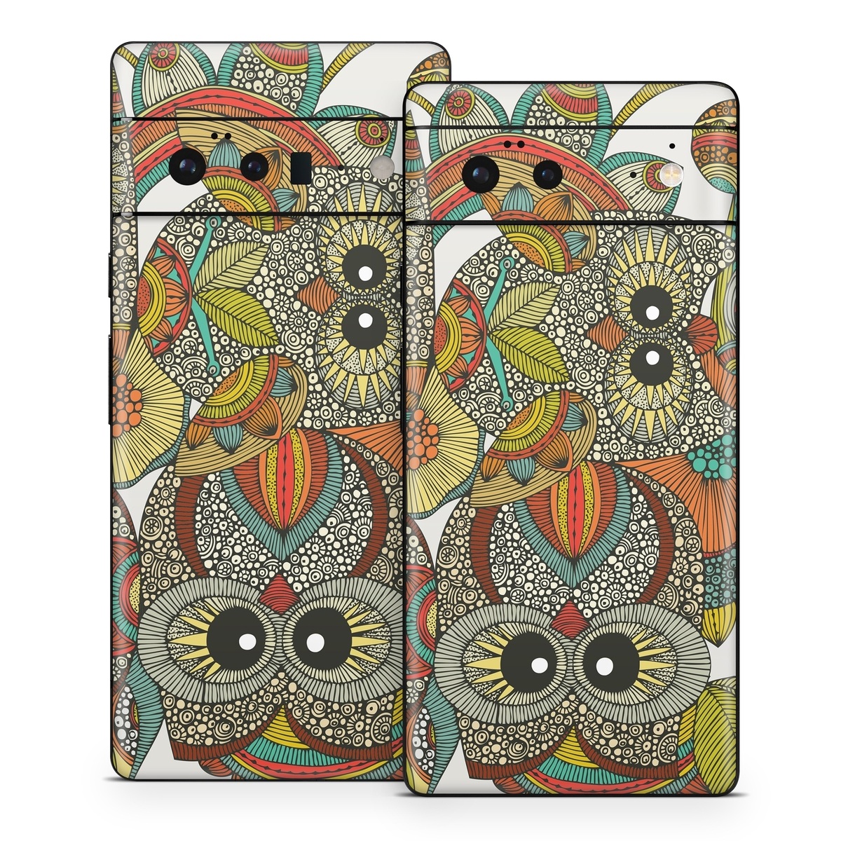 Google Pixel 6 Series Skin design of Owl, Pattern, Visual arts, Art, Design, Textile, Illustration, Motif, Bird, with white, green, orange, yellow, blue, red colors