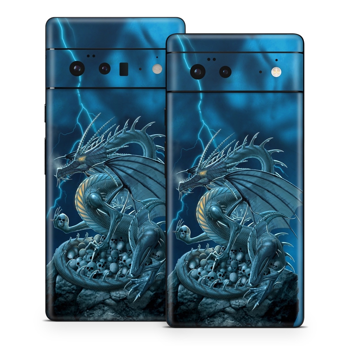 Google Pixel 6 Series Skin design of Cg artwork, Dragon, Mythology, Fictional character, Illustration, Mythical creature, Art, Demon, with blue, yellow colors
