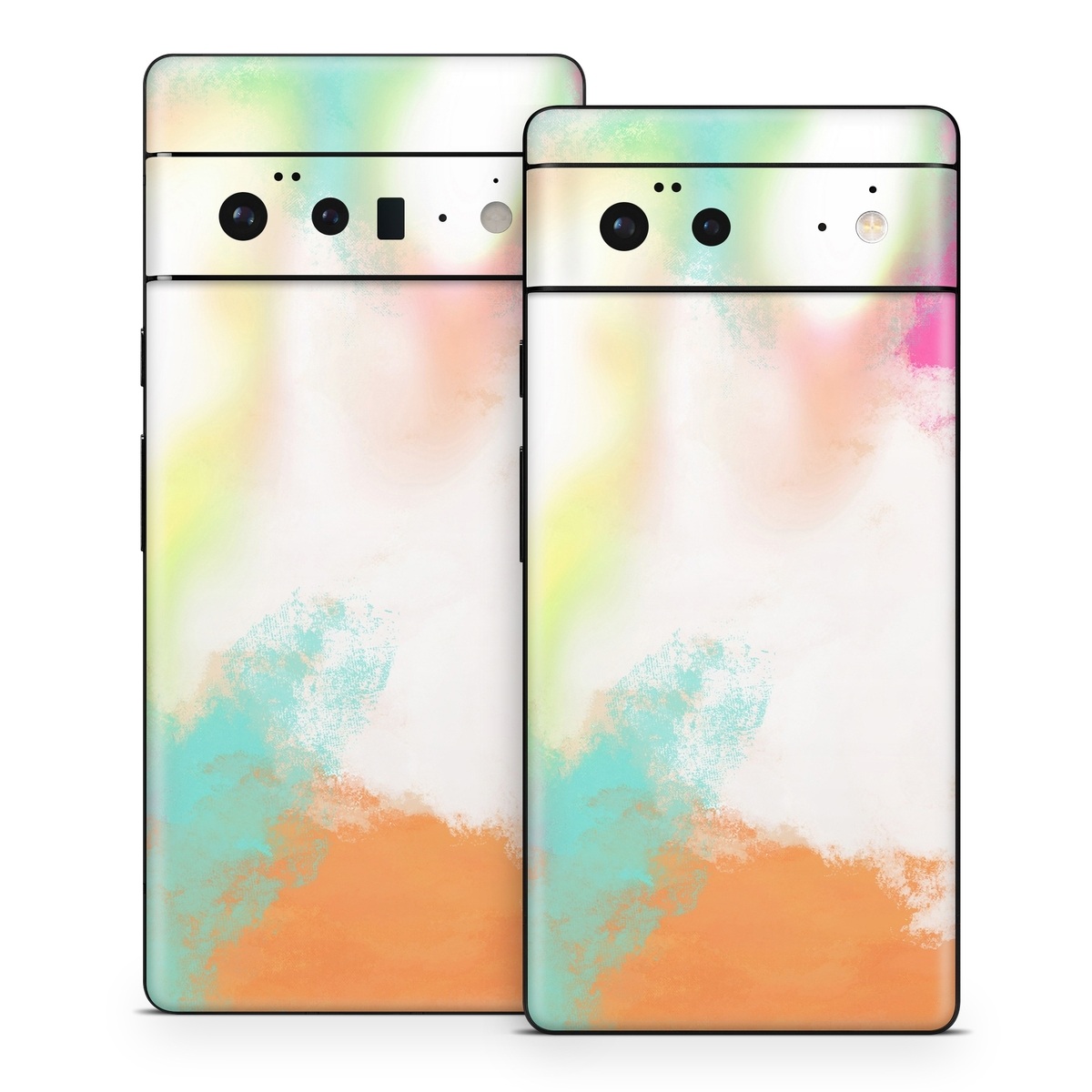 Google Pixel 6 Series Skin design of Sky, Yellow, Orange, Pink, Art, Illustration, Visual Arts, Pattern, Colorfulness, Watercolor Paint, with white, pink, orange, yellow, blue, brown colors