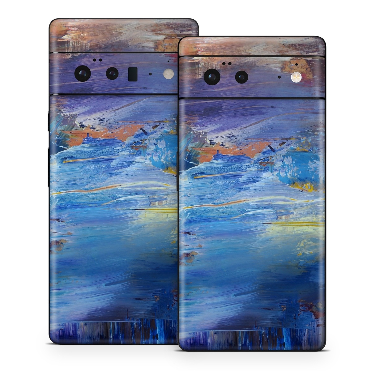 Google Pixel 6 Series Skin design of Painting, Blue, Modern art, Acrylic paint, Sky, Watercolor paint, Art, Visual arts, Paint, Electric blue, with blue, purple, yellow, brown, orange, black colors