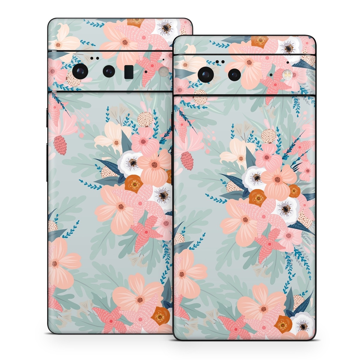 Google Pixel 6 Series Skin design of Pattern, Aqua, Wrapping paper, Textile, Design, Floral design, Wildflower, Plant, Pedicel, Blossom, with pink, red, blue, white colors