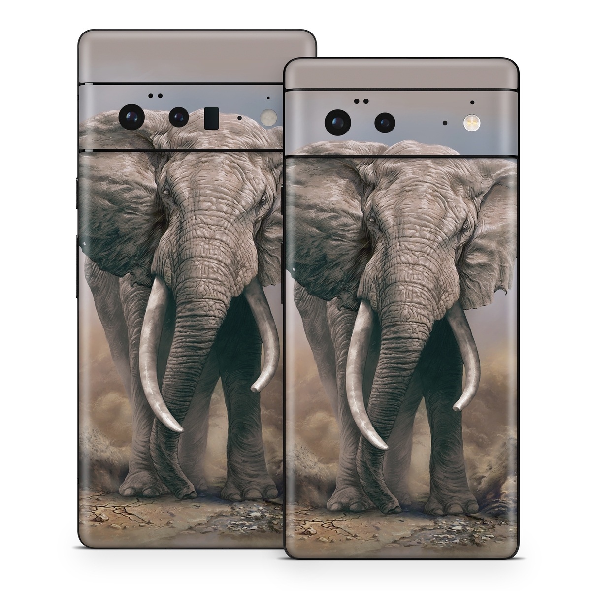 Google Pixel 6 Series Skin design of Elephants and Mammoths, Terrestrial animal, Indian elephant, African elephant, Wildlife, Tusk, Snout, Organism, Working animal, Illustration, with brown, gray, white colors
