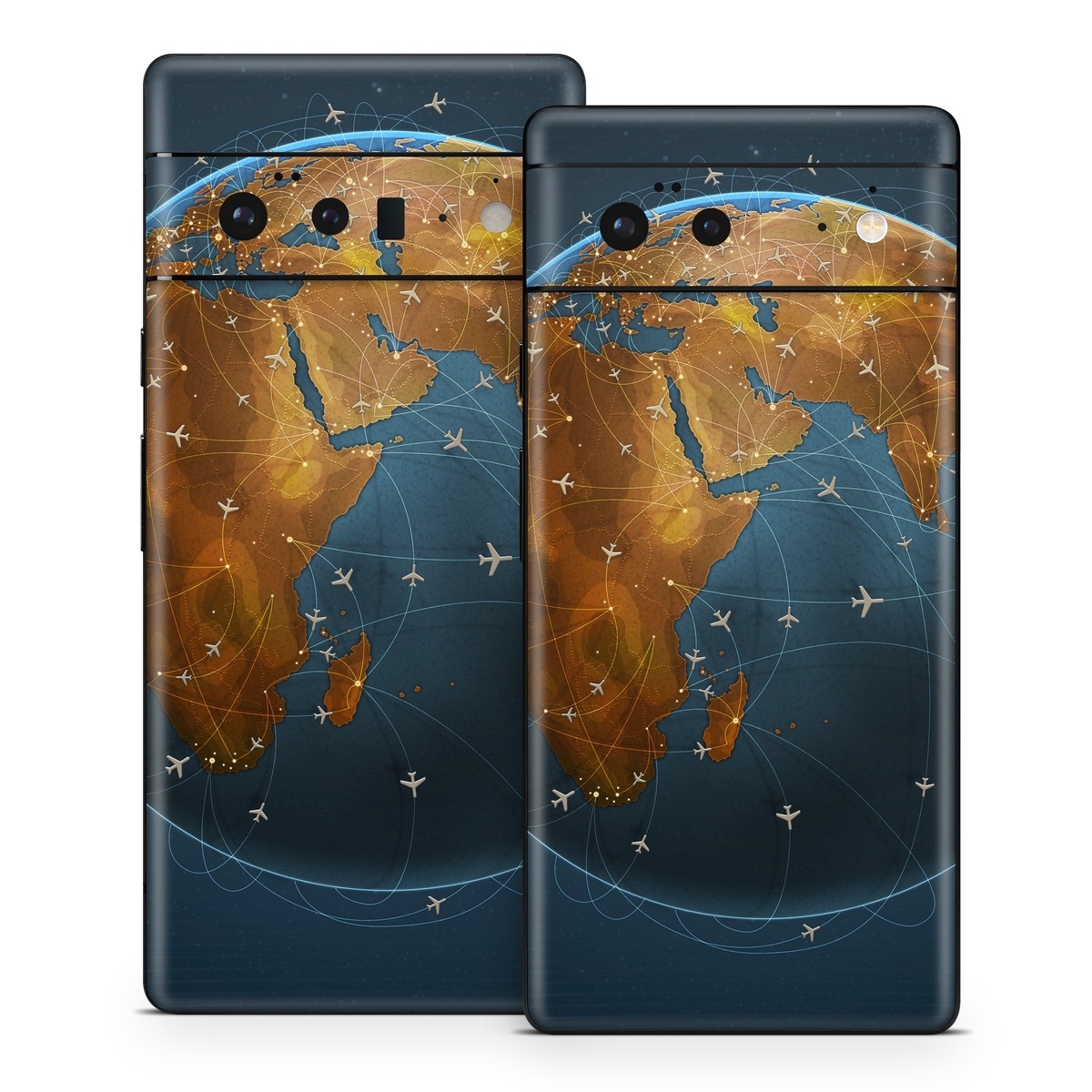 Google Pixel 6 Series Skin design of Planet, Earth, Astronomical object, World, Atmosphere, Globe, Space, Sky, Astronomy, Circle, with blue, yellow, brown colors