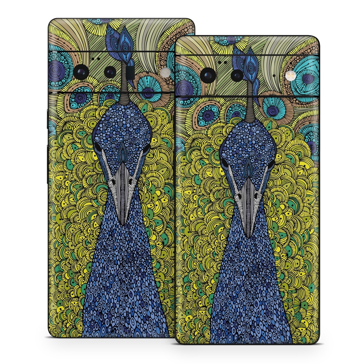 Google Pixel 6 Series Skin design of Peafowl, Bird, Feather, Pattern, Art, Phasianidae, Galliformes, Design, Psychedelic art, Symmetry, with green, blue, yellow colors