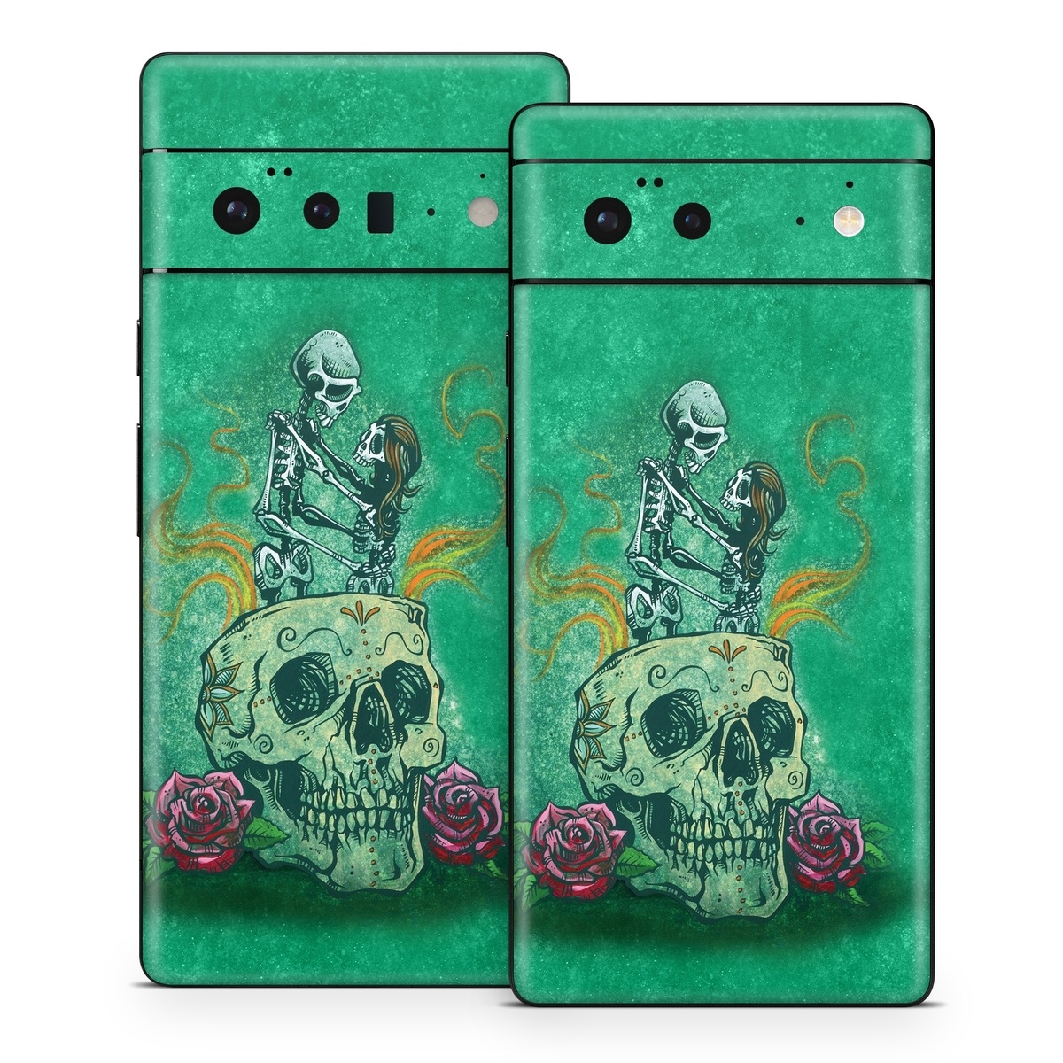 Google Pixel 6 Series Skin design of Bone, Skull, Aqua, Pattern, Electric blue, Fashion accessory, Font, Fictional character, Art, Grass, with green, pink, red, yellow, orange, white, gray colors