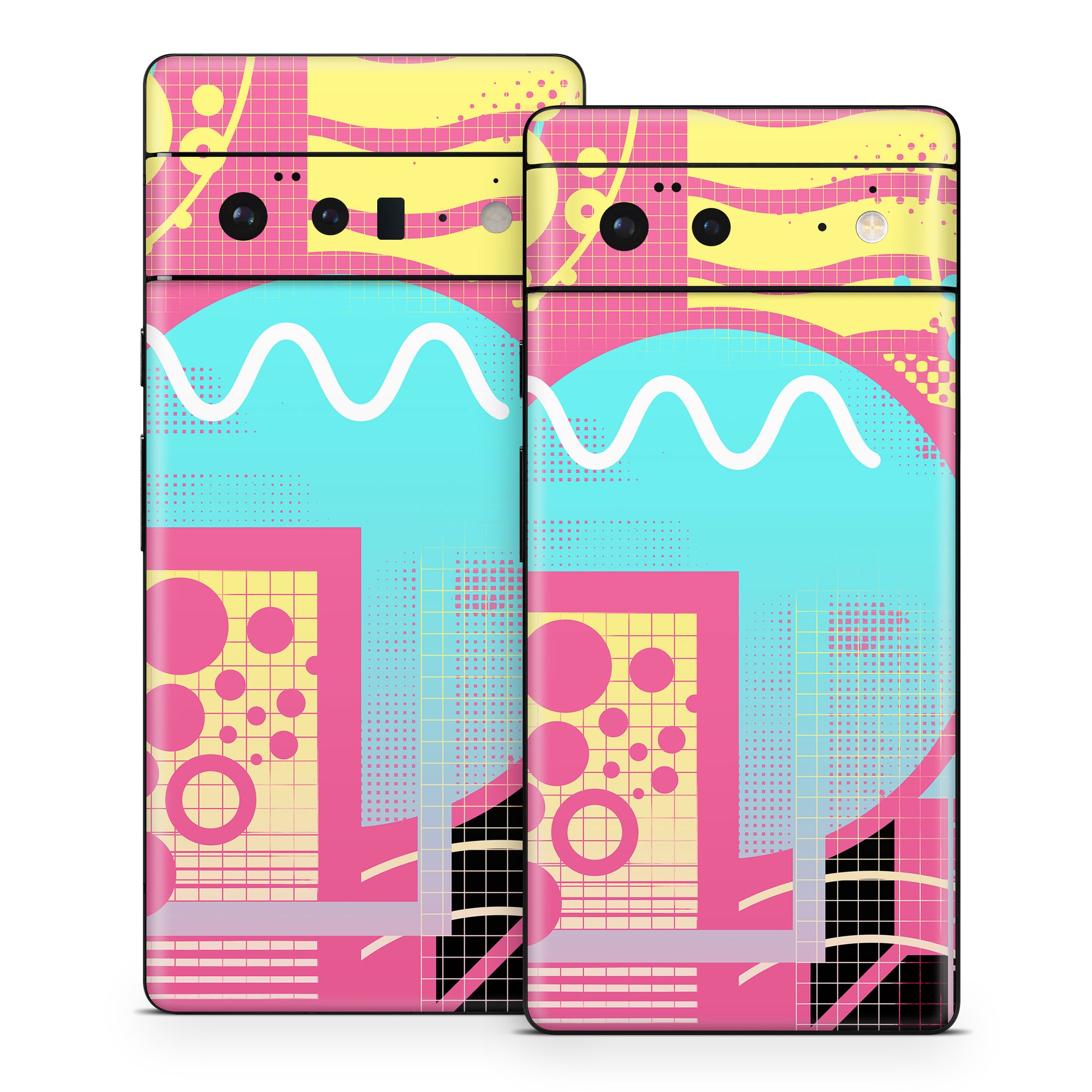 Google Pixel 6 Series Skin design of Textile, Organism, Font, Art, Pink, Rectangle, Line, Aqua, Magenta, Circle, with pink, yellow, blue, black, white colors