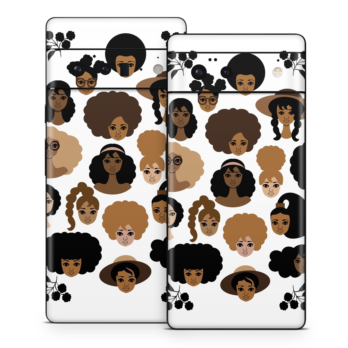 Google Pixel 6 Series Skin design of Hair, People, Facial expression, Hairstyle, Cartoon, Head, Afro, Clip art, Font, Black hair, with black, brown, white colors