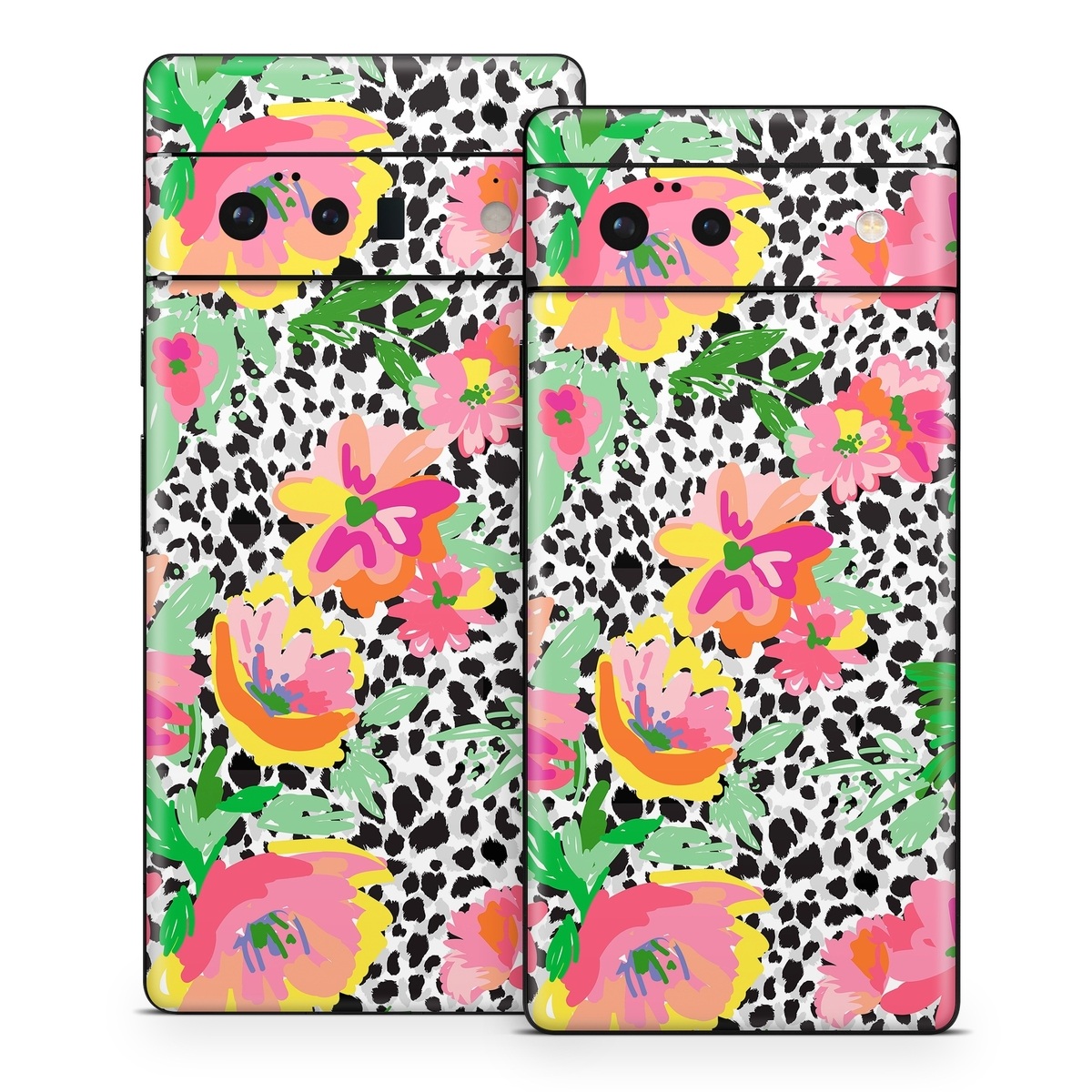 Google Pixel 6 Series Skin design of Flower, Petal, Textile, Pink, Creative arts, Art, Magenta, Pattern, Plant, Symmetry, with pink, orange, yellow, purple, green, black, white colors