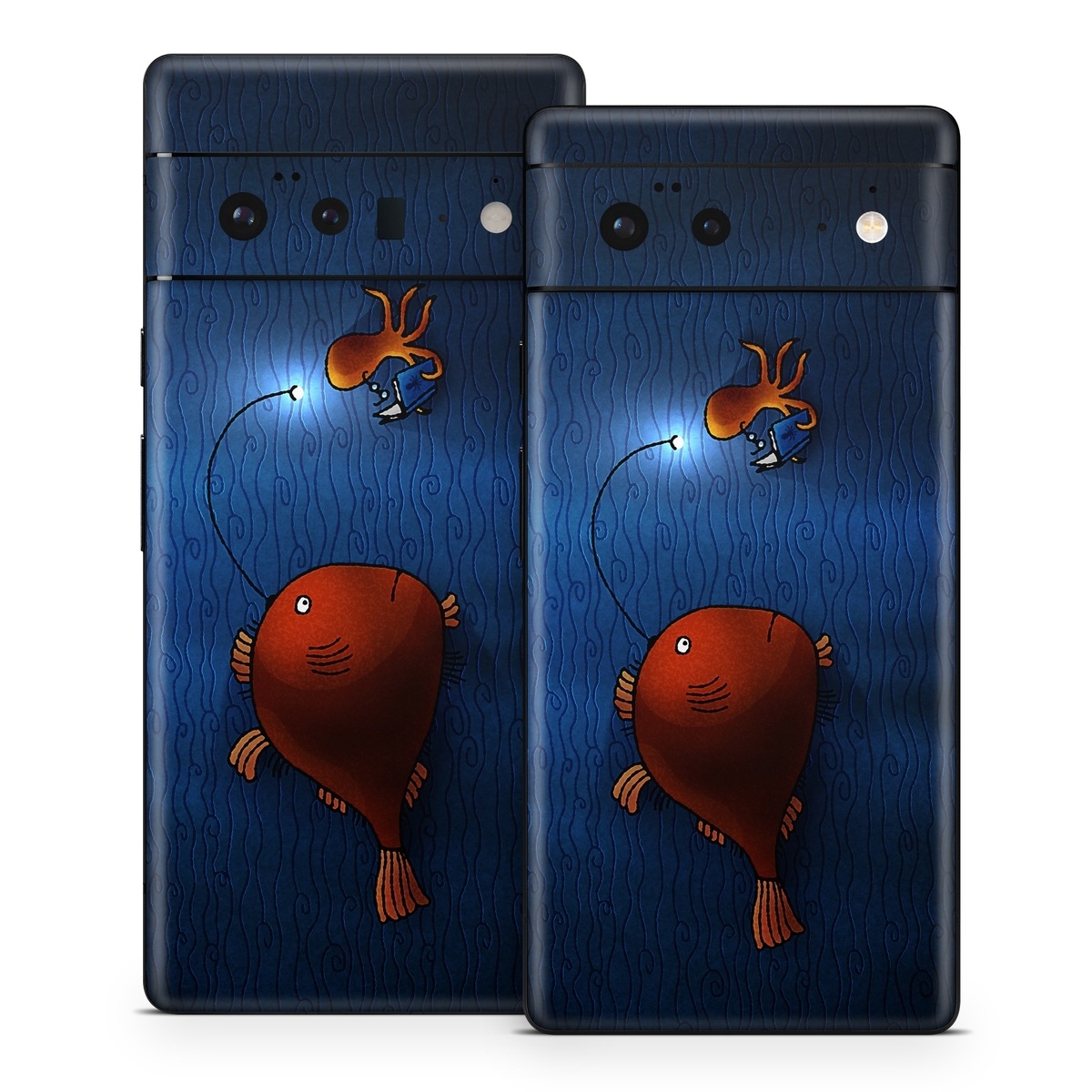 Google Pixel 6 Series Skin design of Deep sea fish, Anglerfish, Illustration, Fish, Animation, Art, with blue, red colors
