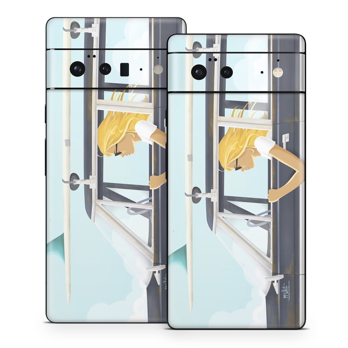 Google Pixel 6 Series Skin design of Vehicle door, Vehicle, Automotive exterior, Automotive design, Car, Headgear, Windshield, Dress, Automotive window part, Family car, with blue, white, gray, yellow colors