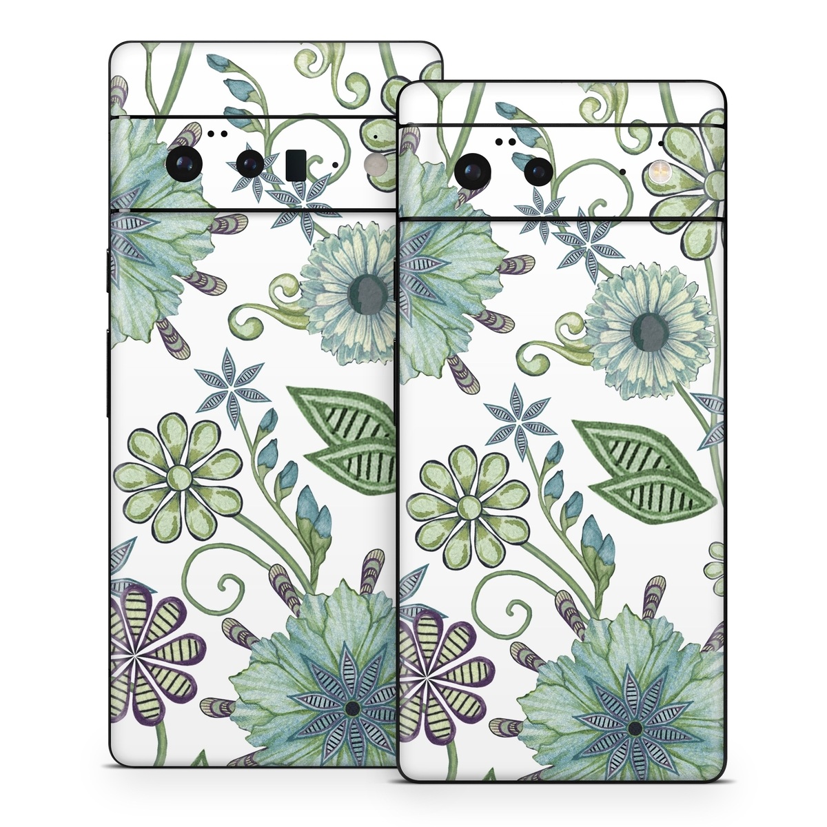 Google Pixel 6 Series Skin design of Green, Pattern, Flower, Botany, Plant, Leaf, Design, Wildflower, with white, green, blue colors