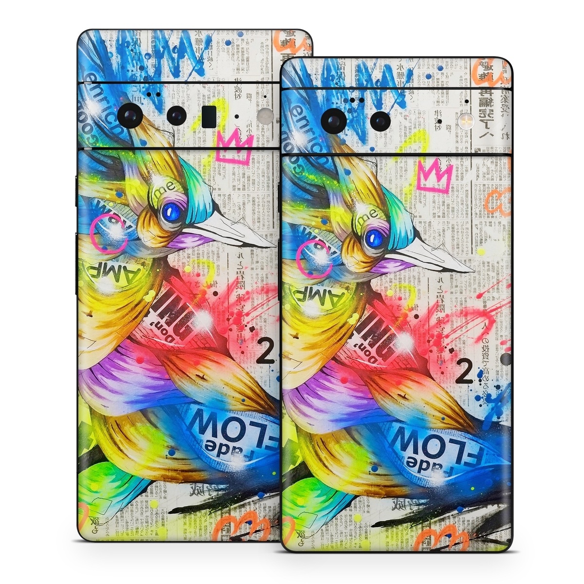 Google Pixel 6 Series Skin design of Graphic design, Font, Art, Graphics, Illustration, with blue, red, orange, pink, white, black, yellow, green colors
