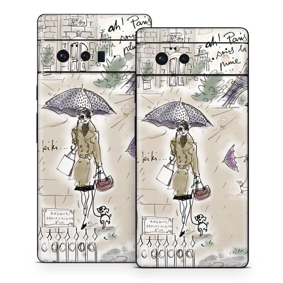 Google Pixel 6 Series Skin design of Cartoon, Umbrella, Illustration, Organism, Art, Fiction, Fictional character, with brown, gray, purple colors