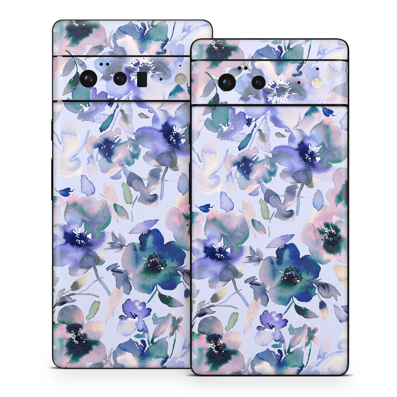 Google Pixel 6 Series Skin design of Blue, Flower, Petal, Pink, Purple, Wildflower, Watercolor painting, Floral design, Lobelias, Borages, with white, purple, black, pink, green colors