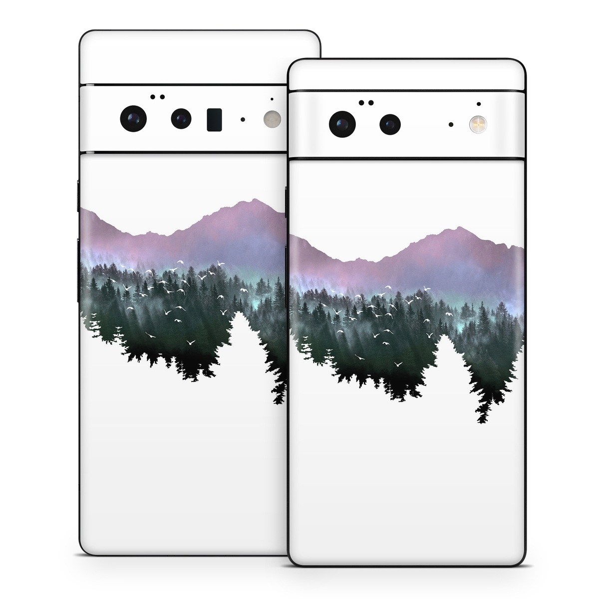 Google Pixel 6 Series Skin design of Nature, Mountainous landforms, Mountain, Atmospheric phenomenon, Tree, Wilderness, Sky, Mountain range, Forest, Hill, with white, black, purple, blue, green colors