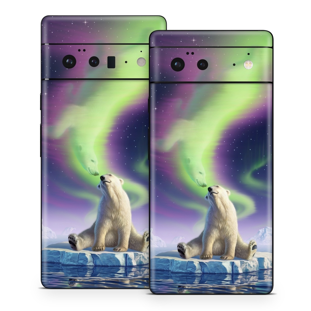 Google Pixel 6 Series Skin design of Aurora, Sky, Wildlife, Polar bear, Fictional character, with white, blue, green, purple colors