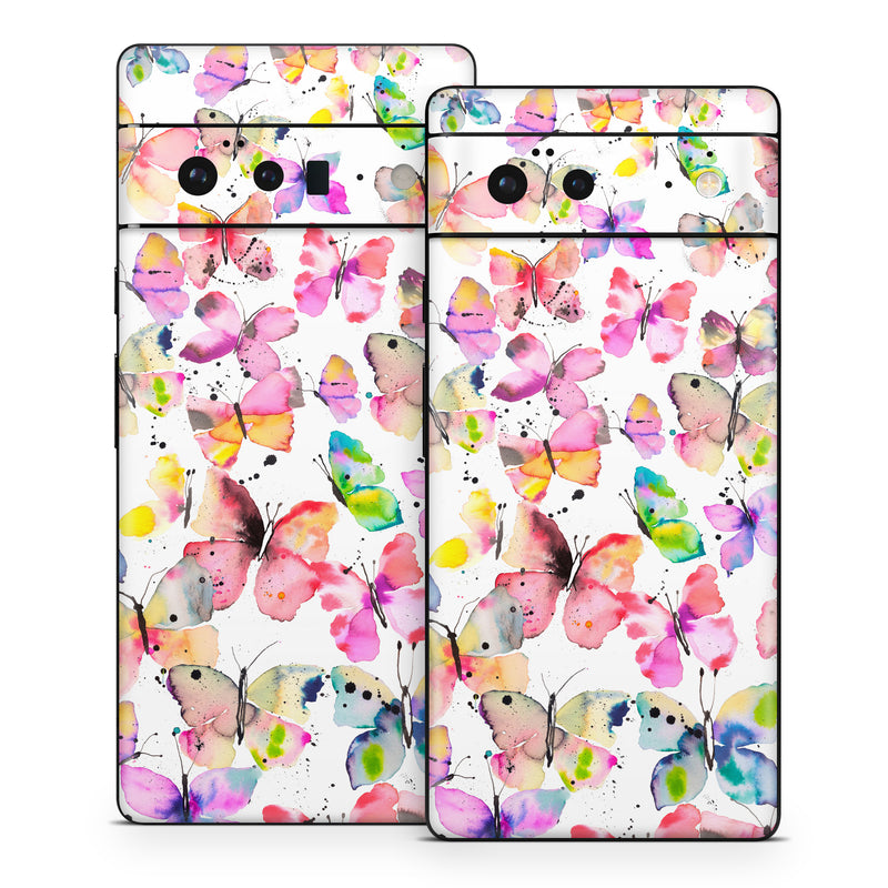 Google Pixel 6 Series Skin design of Pollinator, Butterfly, Pink, Insect, Lepidoptera, Arthropod, Paint, Watercolor painting, with white, pink, red, blue, green, purple, yellow, orange colors