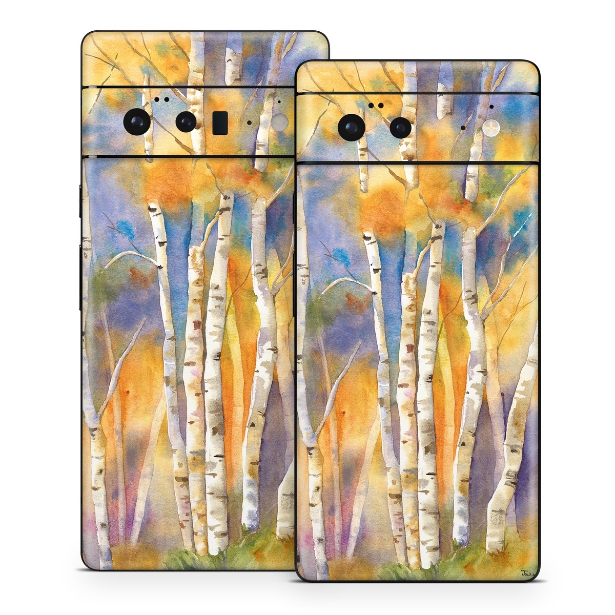 Google Pixel 6 Series Skin design of Canoe birch, Watercolor paint, Tree, Birch, Woody plant, Painting, Plant, Birch family, Paint, Trunk, with orange, yellow, green, white, purple, blue colors