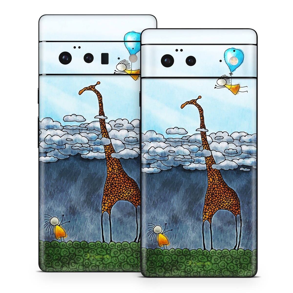 Google Pixel 6 Series Skin design of Giraffe, Sky, Tree, Water, Branch, Giraffidae, Illustration, Cloud, Grassland, Bird, with blue, gray, yellow, green colors