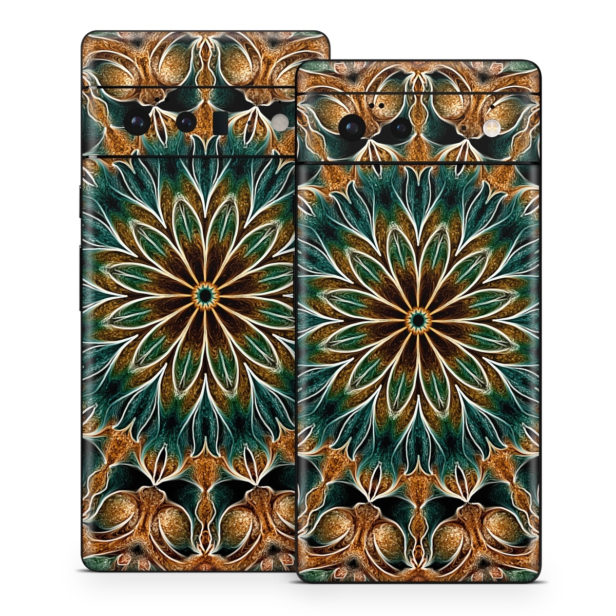Google Pixel 6 Series Skin design of Pattern, Symmetry, Textile, Art, Psychedelic art, Tapestry, Design, Visual arts, Kaleidoscope, Motif, with green, orange, yellow, brown, red colors