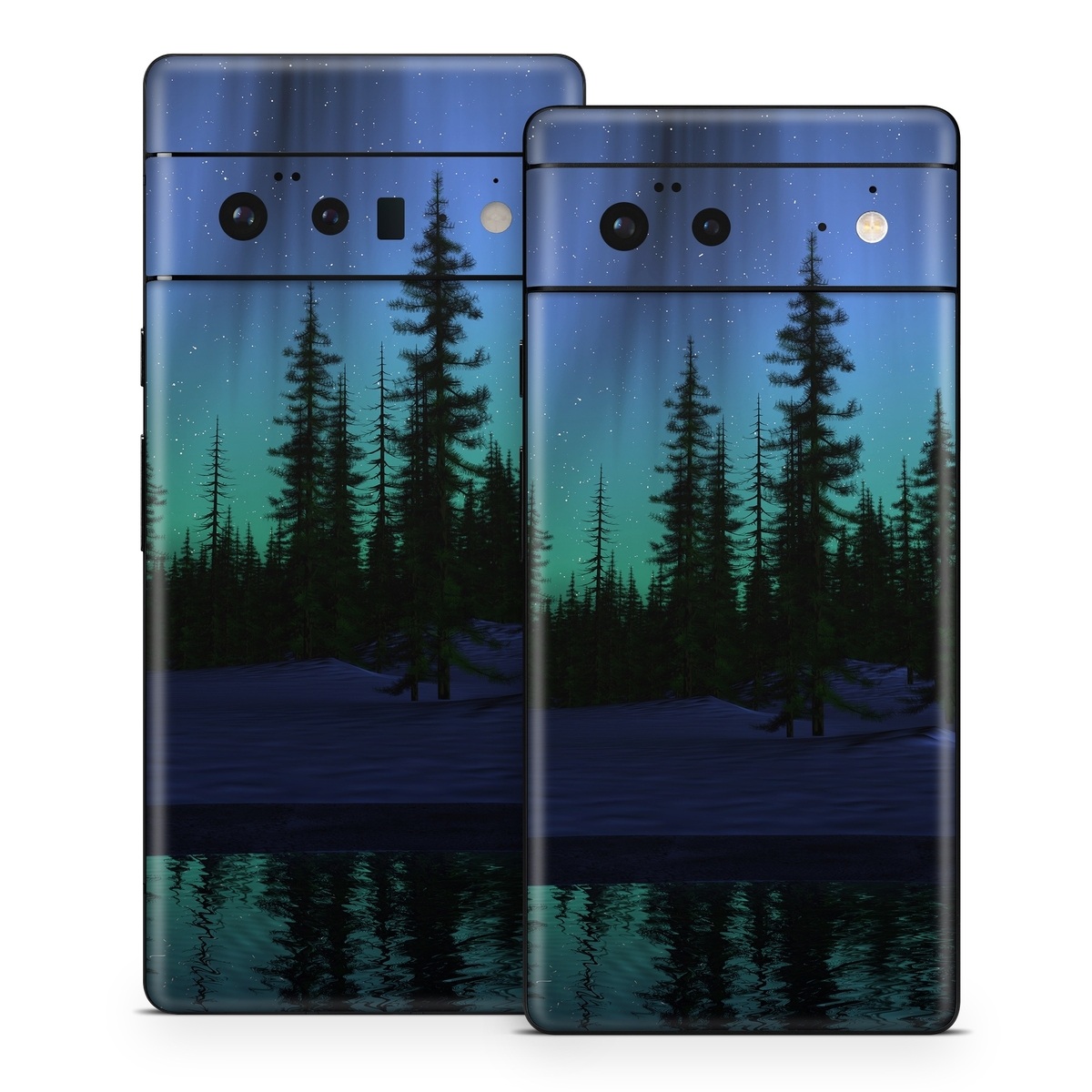 Google Pixel 6 Series Skin design of Aurora, Nature, Sky, shortleaf black spruce, Natural landscape, Tree, Wilderness, Natural environment, Biome, Spruce-fir forest, with blue, purple, green, black colors
