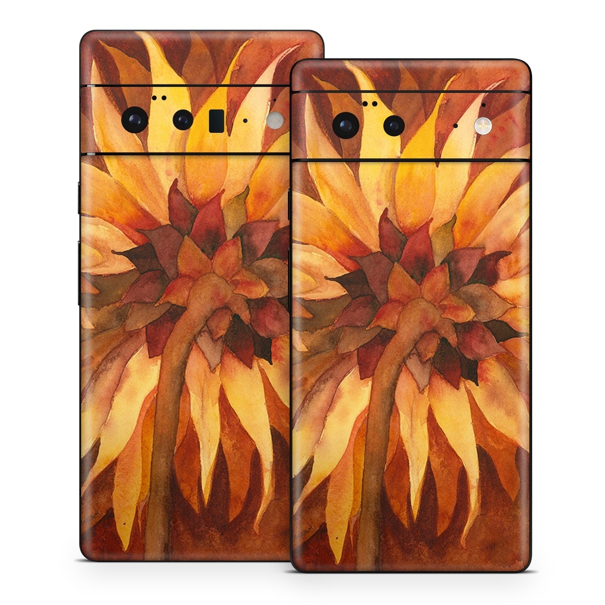 Google Pixel 6 Series Skin design of Sunflower, Flower, sunflower, Yellow, Painting, Plant, Petal, Still life photography, Flowering plant, Still life, with yellow, brown, orange colors