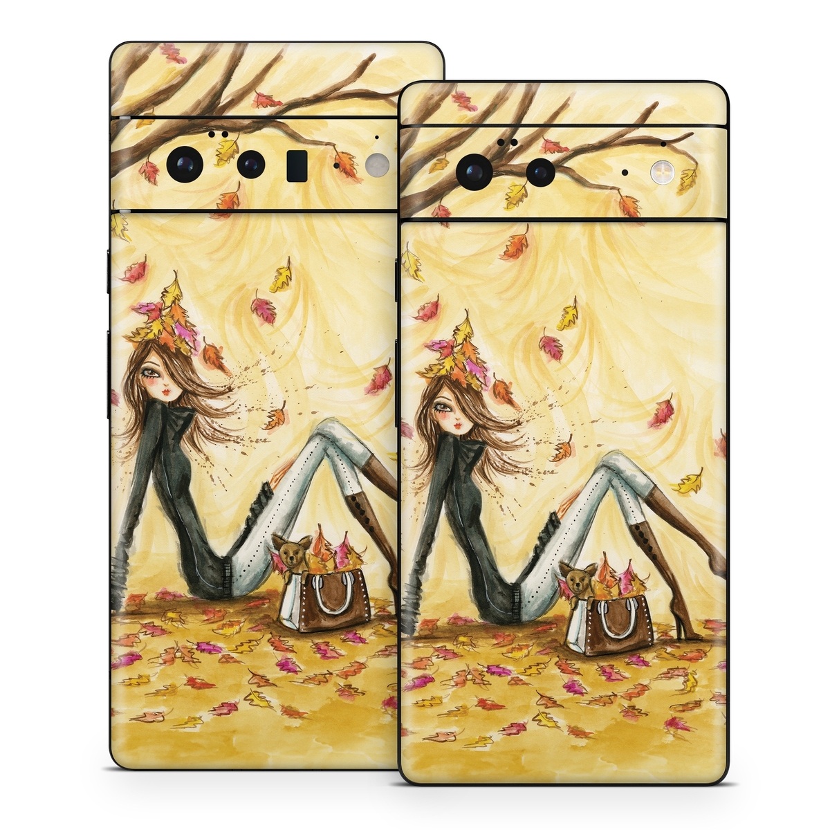 Google Pixel 6 Series Skin design of Painting, Watercolor paint, Tree, Art, Illustration, Plant, Modern art, Visual arts, Still life, Fictional character, with yellow, red, brown, orange, black, white colors