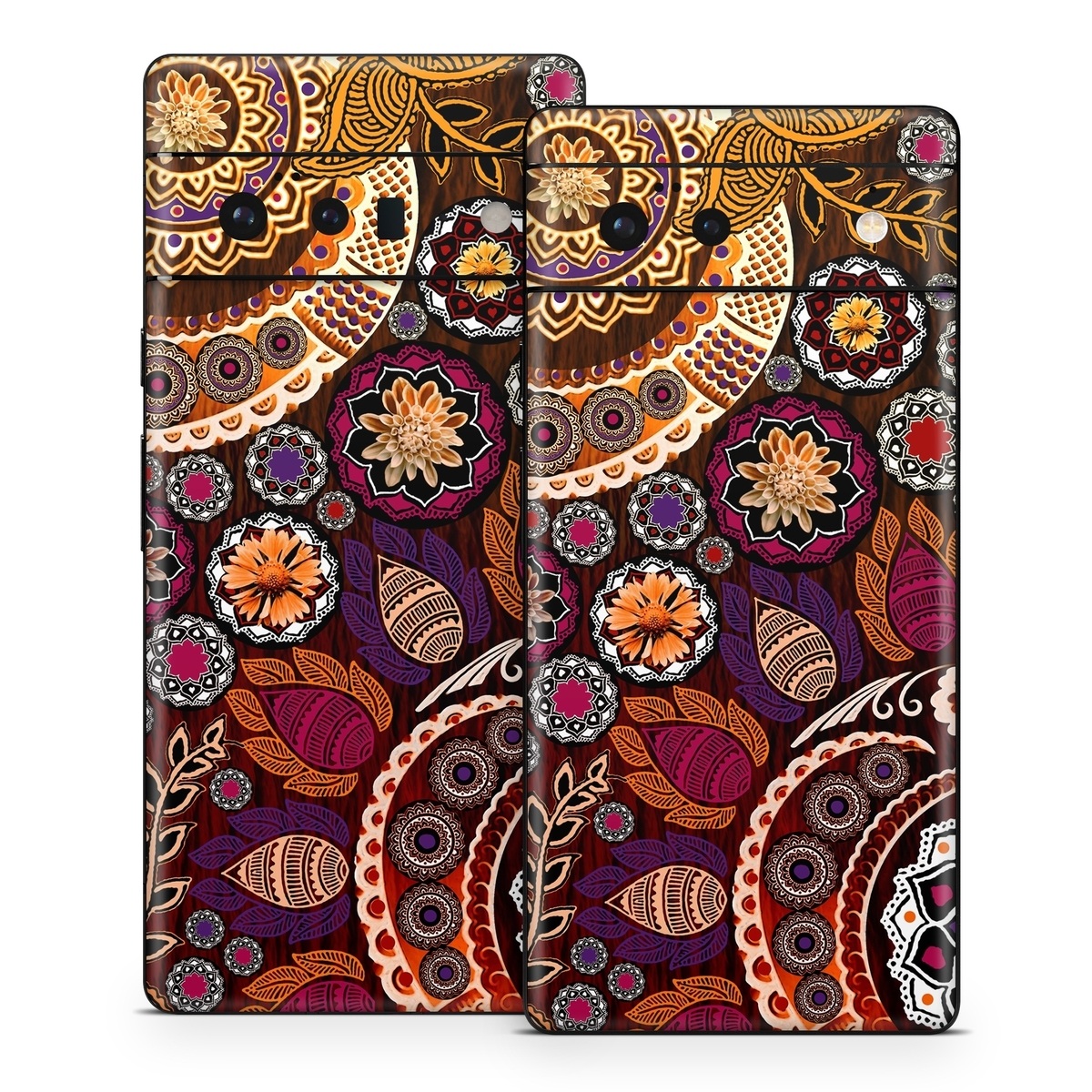 Google Pixel 6 Series Skin design of Pattern, Motif, Visual arts, Design, Art, Floral design, Textile, Paisley, Tapestry, Circle, with brown, purple, red, white, black colors